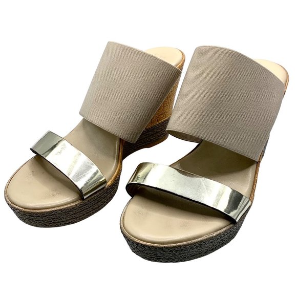 Italian Shoemakers Shoes - Contesa Italian Made Womens Sandals Wedge Gold Beige Slip On Open Toe 9 Stretch